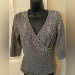 Ann Taylor Grey Holiday Top with Pearl Detail